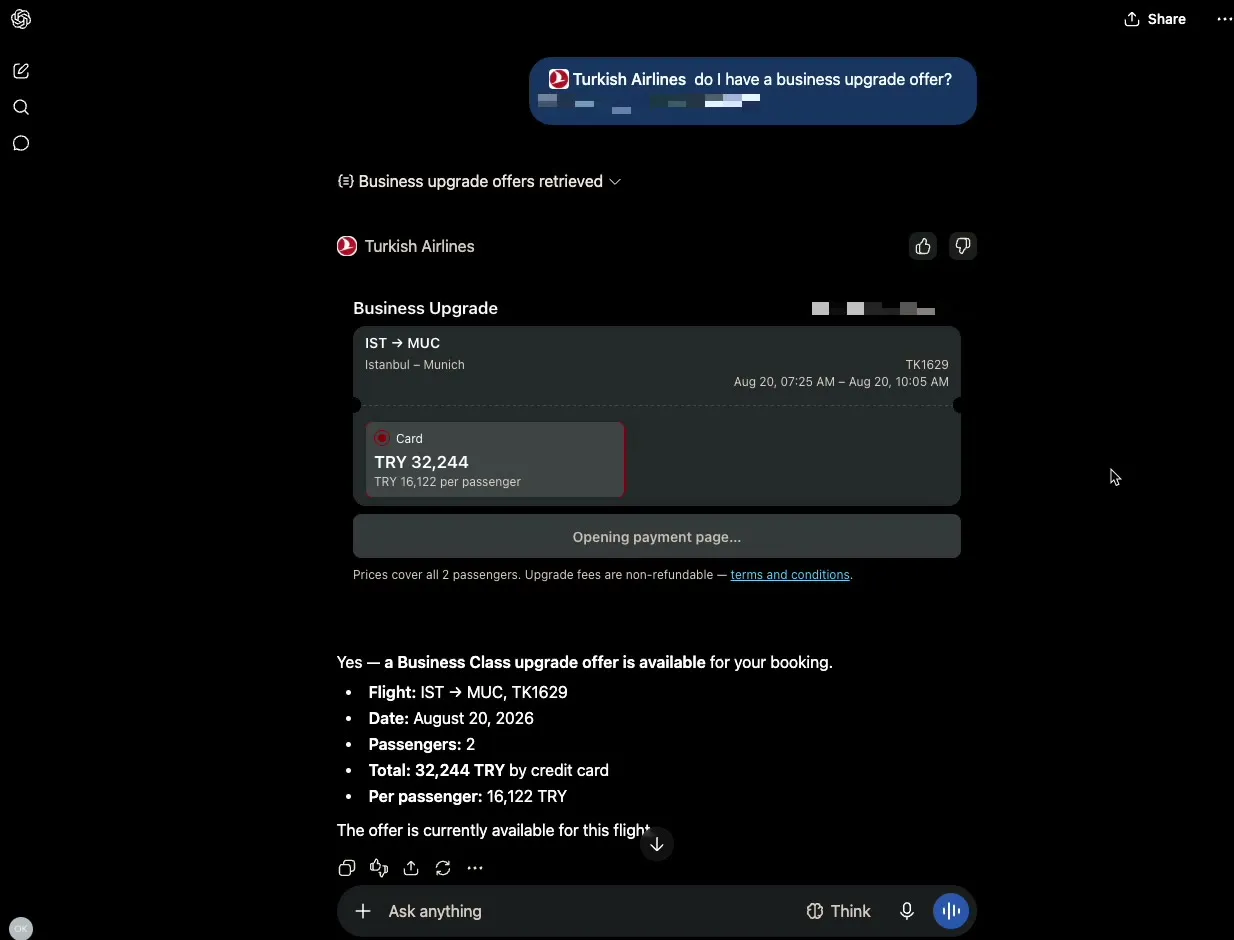 A Turkish Airlines business-upgrade card rendered inside ChatGPT — flight details, per-passenger pricing, and a payment button, all inside the conversation