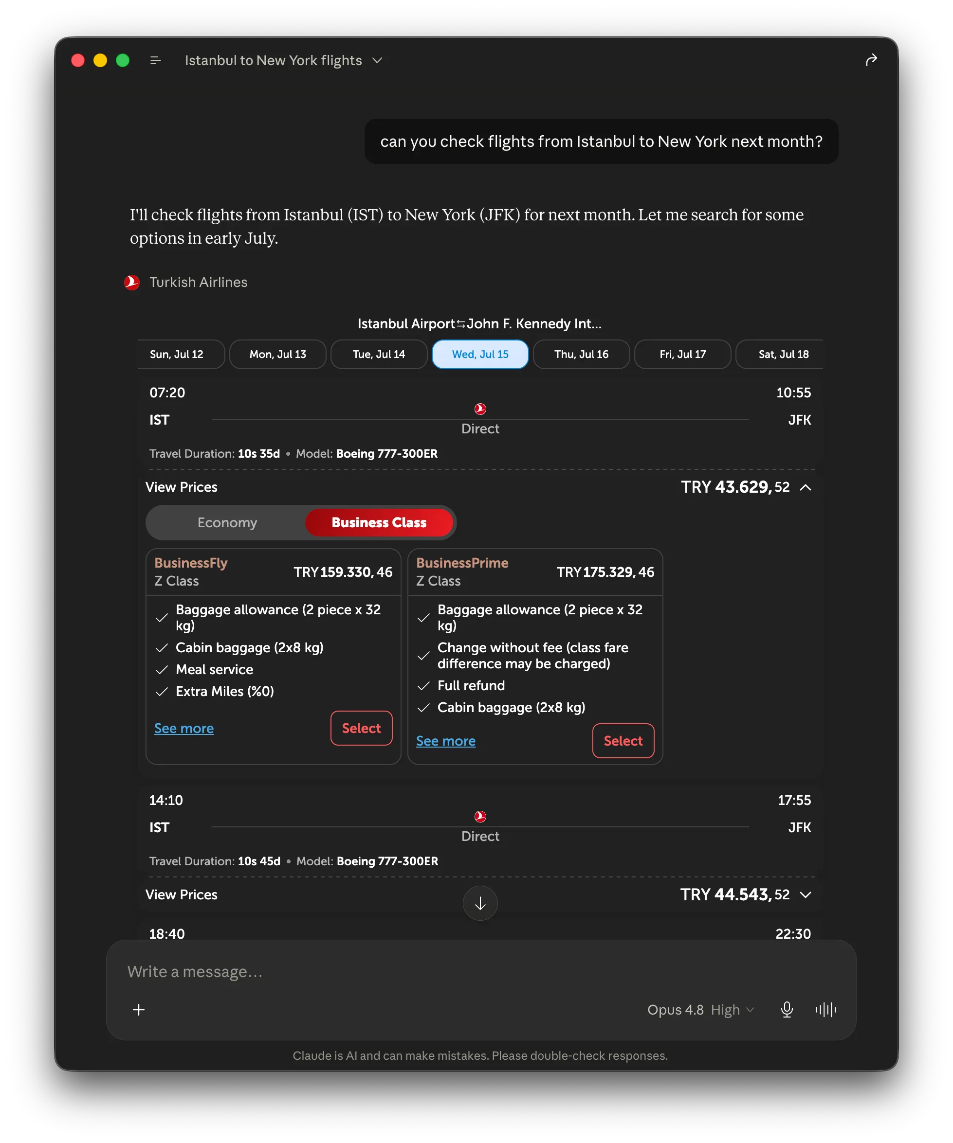 Claude rendering Turkish Airlines flight results as interactive cards — a date carousel, Business fare options, and Select buttons, all inside the conversation