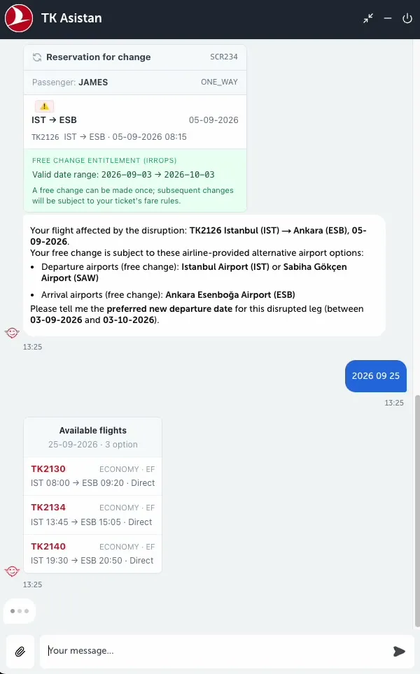 TKAssistant resolving a flight disruption: the entitlement card validates a free-change window under IRROPS rules, then offers alternative flights