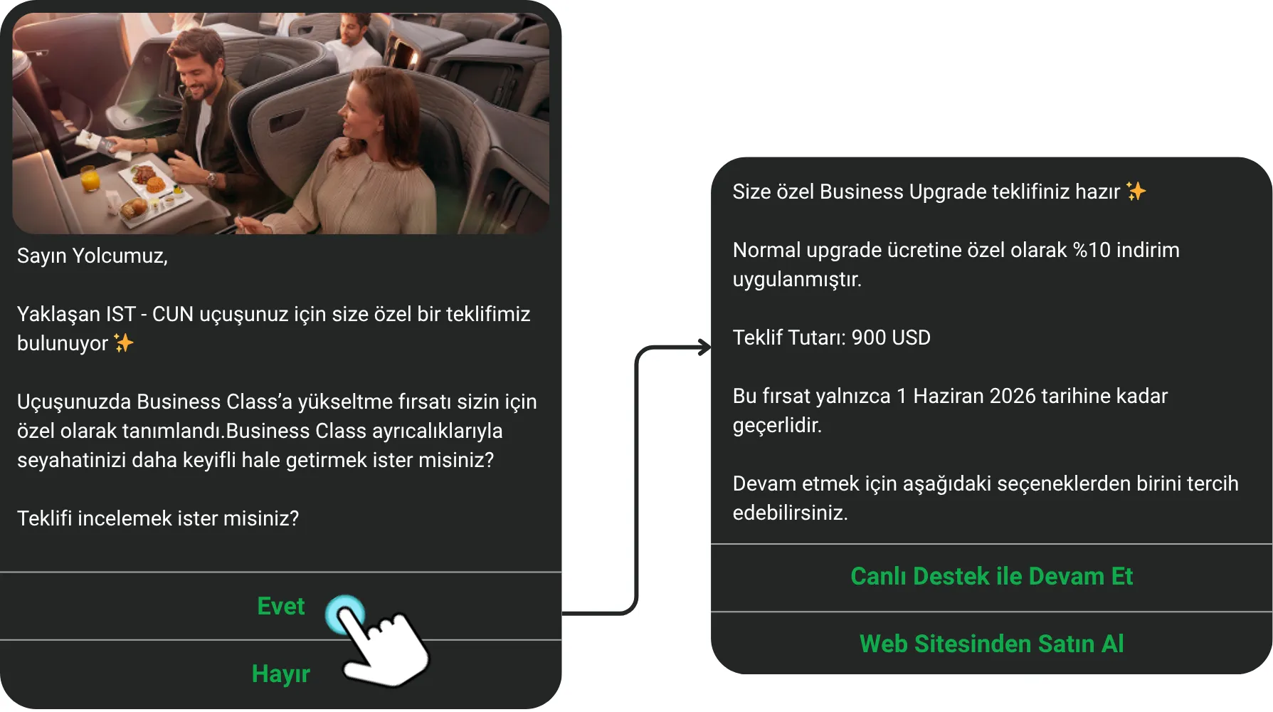 A proactive business-upgrade offer in TKAssistant: the passenger taps Evet, receives the personalized offer, and chooses live support or the website to complete it