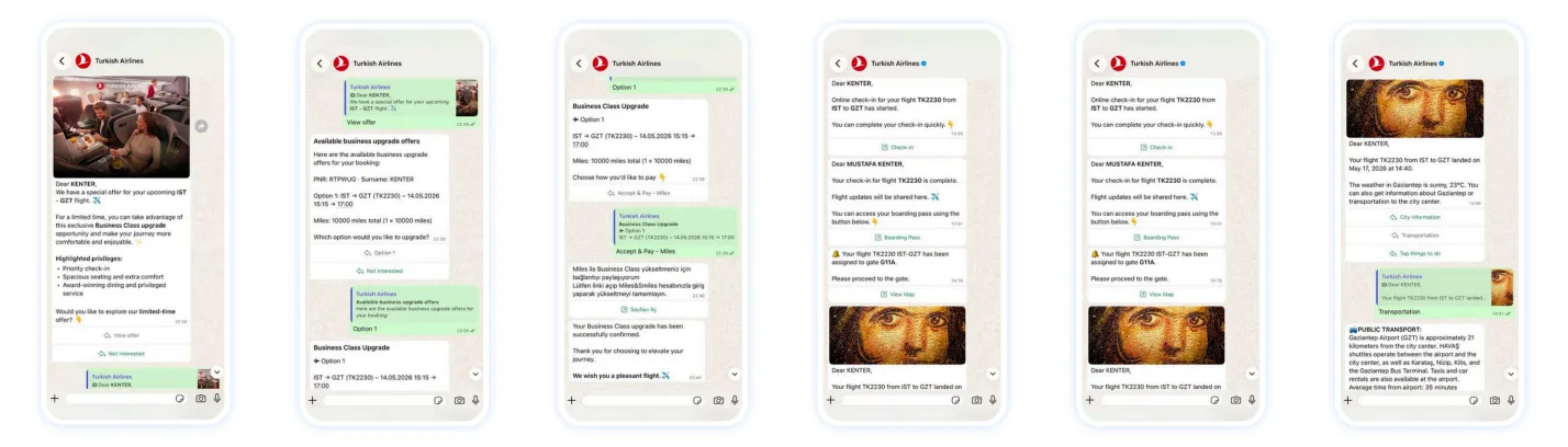 A passenger journey in TKAssistant on WhatsApp — a business-upgrade offer, payment, boarding pass, and gate notifications, all in one thread